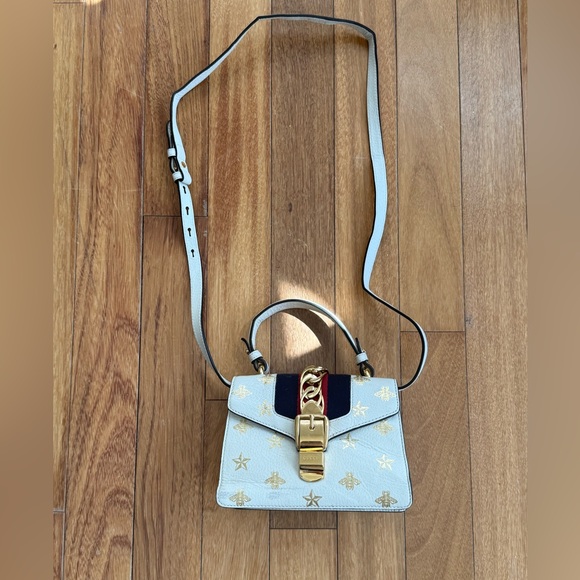 Gucci Sylvie Bee Star Leather Shoulder Bag White Web Stripe Small Project piece - Picture 2 of 16